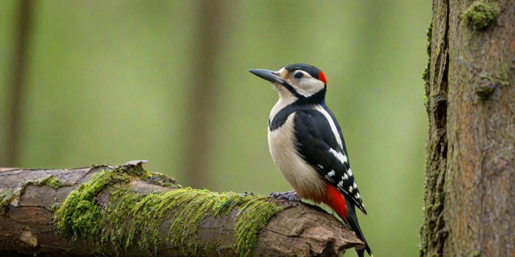Create an image of a great spotted woodpecker perched on a tree trunk, displaying vibrant black and white plumage with a touch of red on its underside and a blurred green background.