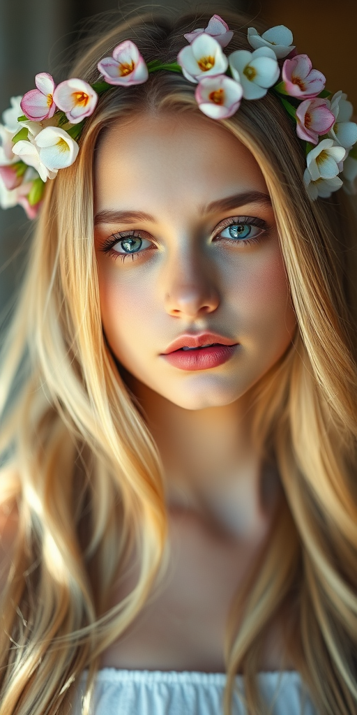 Regenerate a portrait of a young woman with long blonde hair adorned with flowers, soft natural lighting, shallow depth of field, ISO 100, aperture f/1.8, focal length 50mm, captured with a DSLR camera using a portrait lens.