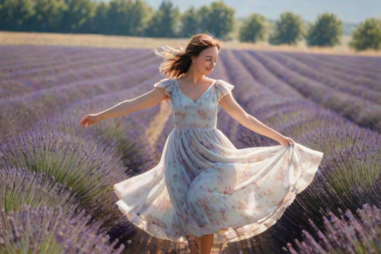 Blurry, candid photo of a woman spinning in a field of lavender, her dress flowing in the wind, sunlight filtering through the flowers, soft focus on the distant horizon where purple blends into blue sky.