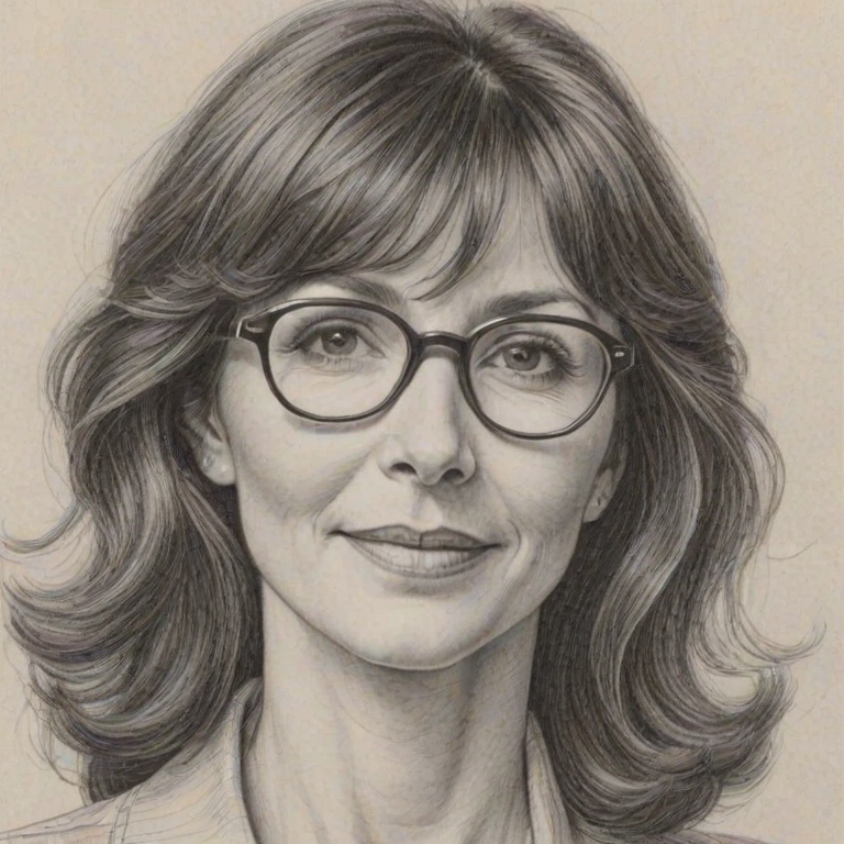 Attractive Mary Steenburgen, pencil sketch, portrait of Comely woman 1974s in glasses, hair style beatnik, outline, clear lines, fine lines, 8k