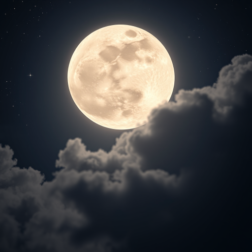 Create an ethereal moonlit scene featuring a large crescent moon with a serene face, surrounded by fluffy clouds and twinkling stars, captured at night using a Canon EOS R5 with a 50mm lens, aperture set to f/1.8, ISO 200, and a soft-focus style to enhance the dreamlike quality.