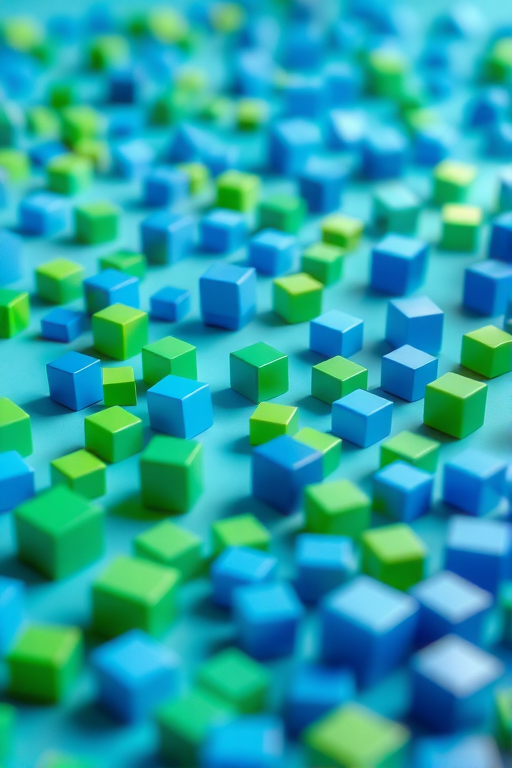 Create a 3D abstract digital image of a vibrant blue and green landscape filled with scattered, glossy cubes, using a high-resolution digital camera with a 50mm lens, aperture f/2.8, ISO 100, and a shallow depth of field for a soft background effect.