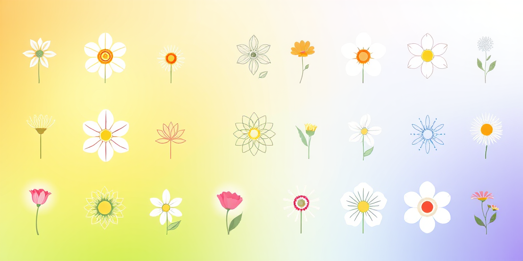 Create a high-quality digital illustration of various flower designs arranged in a 3x3 grid, featuring a modern minimalist style with a vibrant gradient background, captured with a Canon EOS 5D Mark IV, 50mm lens, f/2.8 aperture, ISO 100, and soft diffused lighting.