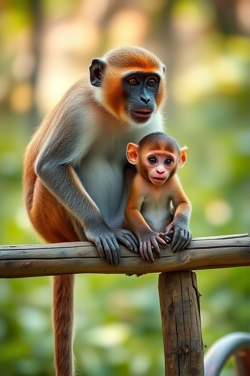 Capture a close-up shot of a mother and baby monkey sitting on a wooden fence in a natural setting, using a Canon EOS R5 with an 85mm f/1.2 lens, aperture set to f/2.8 for a shallow depth of field, ISO 200 for optimal image quality, and a shutter speed of 1/500 seconds to freeze motion with soft bokeh in the background.