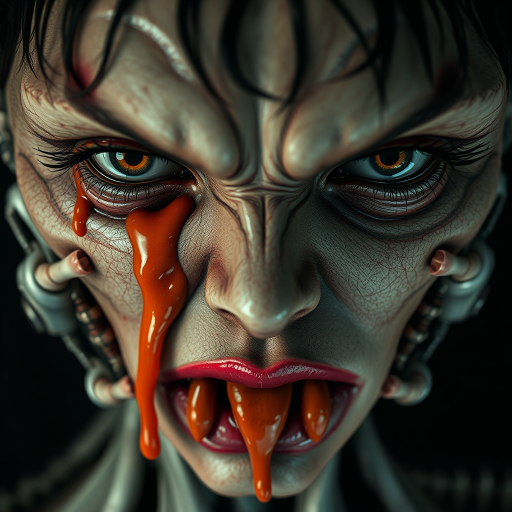 (perspective) of A creepy (ethnicity) zombie cyborg with (descriptive color) skin, (color) lipstick (color) liquid flowing from her eyes and mouth, (perspective two) portrait, (camera angle), extremely detailed, (art style) in the style of Yoshitaka Amano and Tetsuo Hara. --ar 85:128 --style raw --niji 6