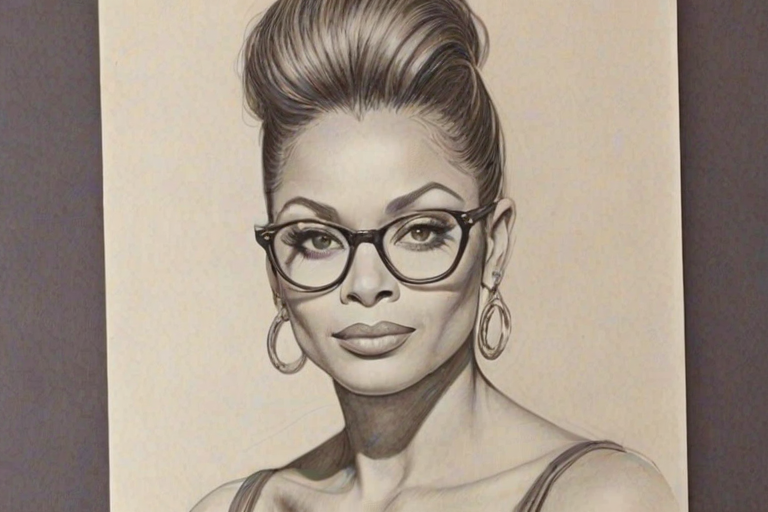 Graceful Debra Wilson, pencil sketch, portrait of Beauteous woman 1960s in glasses, hair style beatnik, outline, clear lines, fine lines, 8k