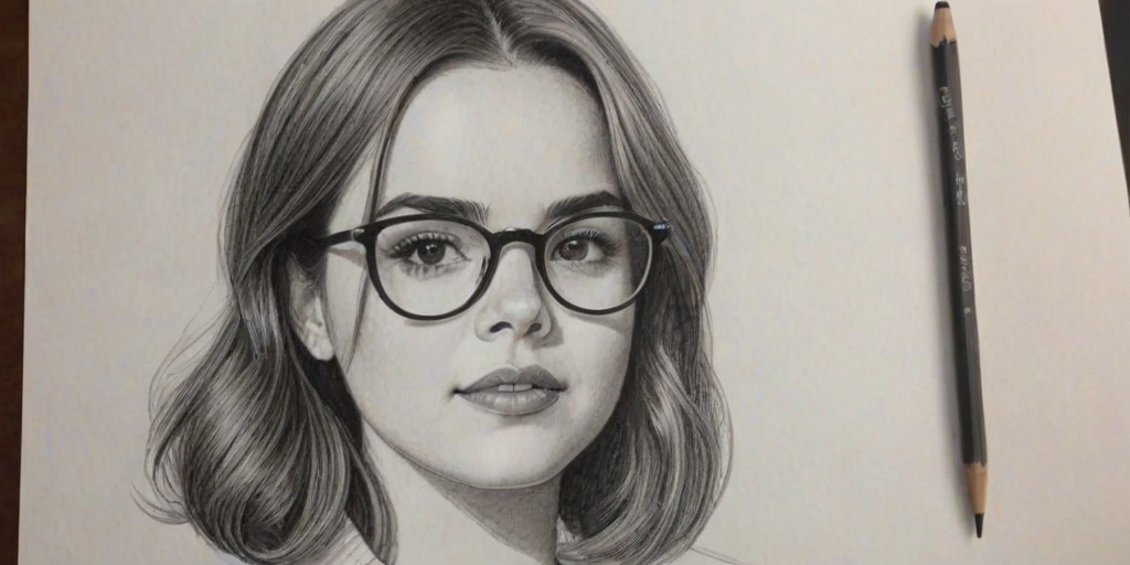 Magnificent Bailee Madison, pencil sketch, portrait of Pleasing woman 1966s in glasses, hair style beatnik, outline, clear lines, fine lines, 8k