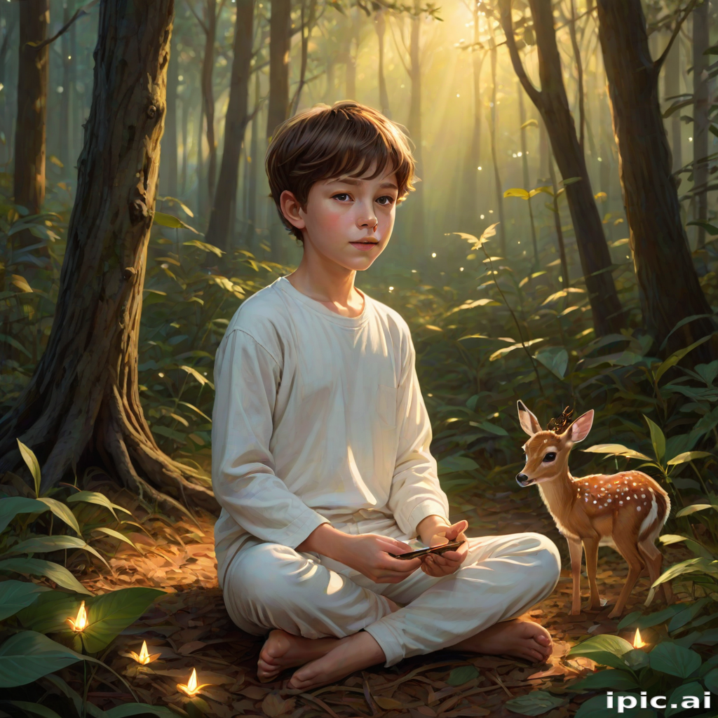 A luminous digital painting of a serene forest scene featuring a barefoot young boy, about 7 years old, with brown hair and fair skin, dressed in a simple white outfit. He sits cross-legged on the forest floor, gazing at a small, glowing, magical firefly in his hand. Beside him, a delicate spotted deer lies calmly on a bed of dried leaves, observing the scene. The dense forest is bathed in warm, golden light filtering through the trees, creating a peaceful, magical atmosphere with a blend of natural and mystical elements.