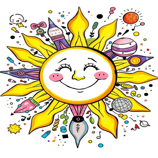 Create a colorful, detailed doodle art featuring a sun with a smiling face, whimsical characters, planets, and abstract patterns in a vibrant, playful style, taken with a Canon EOS R5, 24mm lens, f/4 aperture, ISO 100, in natural light to enhance image quality.
