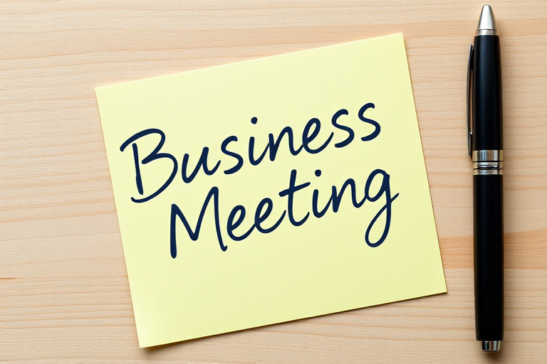 A high-resolution image of a sticky note with elegant handwritten text "Business Meeting" in cursive, featuring a sleek black pen beside it, taken with a DSLR camera at f/2.8 aperture and ISO 100, in a top-down view to emphasize clarity and detail, with soft natural lighting for enhanced visibility.