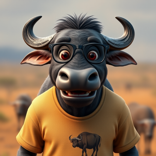 Hyperrealistic 3D render of a smiling cartoon Cape Buffalo wearing glasses and a beige t-shirt with a smaller buffalo image printed on it, missing some teeth, set against a blurred African savanna background, detailed fur, 8k resolution, octane render, artstation trending.