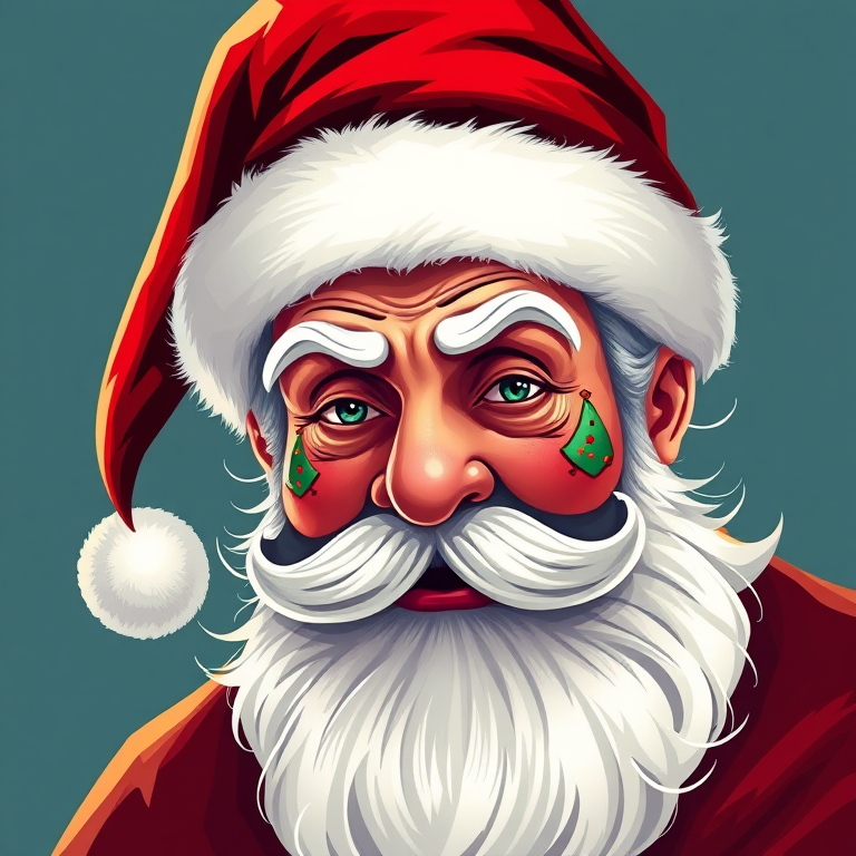 create a vibrant and colorful illustration of a stylized Santa Claus with a red and white hat, intricate patterns and designs on his face, sharp contrasts, high detail, use a 50mm lens, f/2.8 aperture, ISO 100, soft studio lighting, and a digital painting style