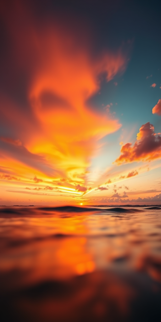 Create a high-resolution image of a sunset over the ocean with vibrant colors, using a Canon EOS R5, 24-70mm f/2.8 lens, aperture f/8, ISO 100, shutter speed 1/125s, taken from a low angle perspective to capture the reflection on the water.