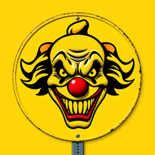 Create a highly detailed graphic of a yellow warning sign featuring a menacing clown face with an exaggerated frown, set against a solid yellow background, using a high-resolution digital camera with a focal length of 50mm, aperture set to f/8, and a 1/200 second shutter speed for optimal clarity and sharpness.
