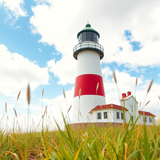 Regenerate a vibrant watercolor lighthouse scene with a focus on detail and texture, using a DSLR camera with a 35mm lens, aperture f/8, ISO 200, shooting in natural daylight from a low angle, emphasizing the foreground grass and background clouds for depth and contrast.