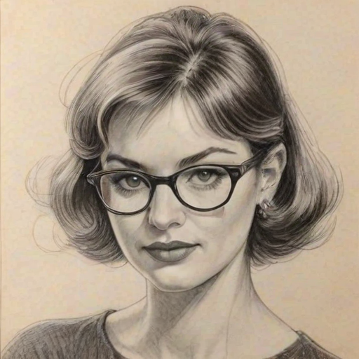 Ravishing Cathy Horyn, pencil sketch, portrait of Wonderful woman 1946s in glasses, hair style beatnik, outline, clear lines, fine lines, 8k