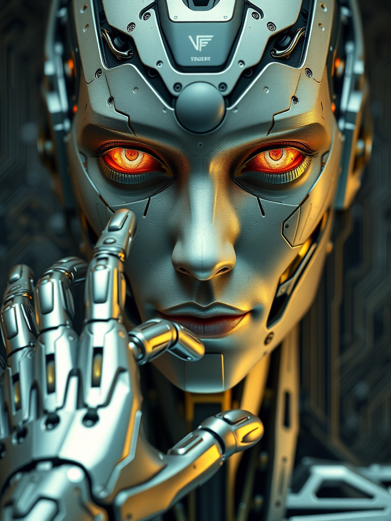 Create a hyper-realistic image of a futuristic robotic face with intricate facial features, metallic hand reaching towards it, intricate circuit board background, use a DSLR camera with a 50mm lens, aperture f/1.8, ISO 100, soft lighting to enhance details.
