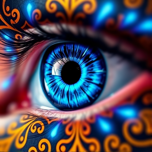 Create a highly detailed and vibrant illustration of an intricate eye with a glowing blue iris, surrounded by ornate golden patterns and ethereal blue light effects, captured in macro view using a DSLR camera with a 100mm lens at f/2.8 aperture, ISO 100, and a shutter speed of 1/200 sec, in a soft focus style to enhance depth and texture.