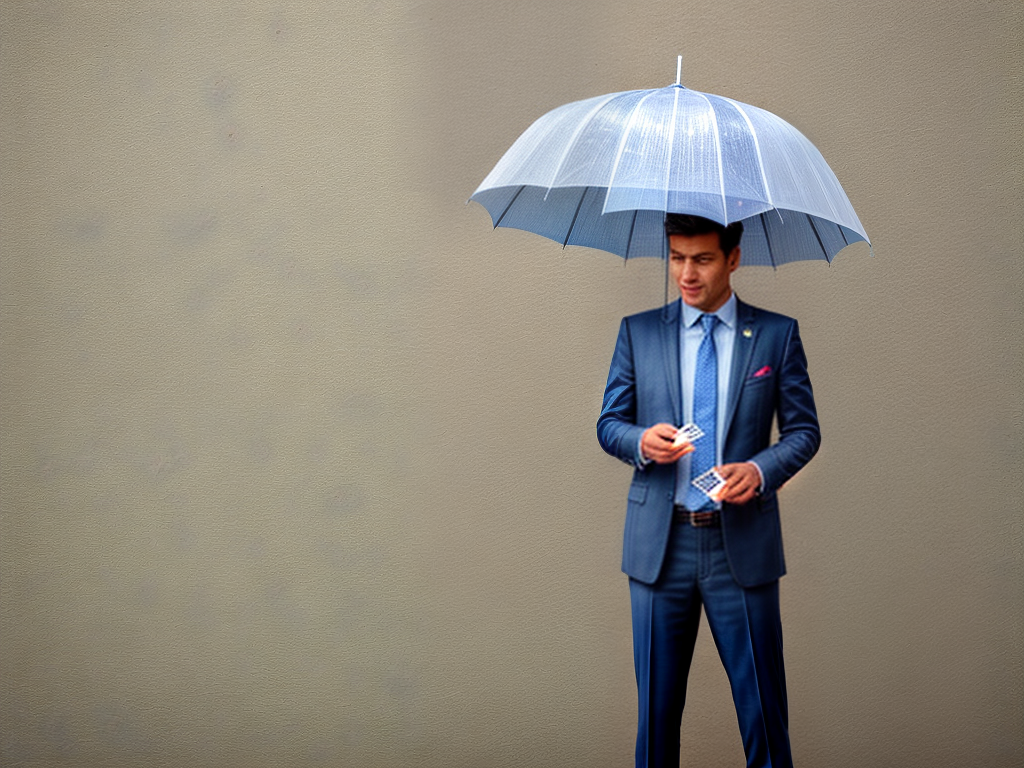 man standing and money raining all over