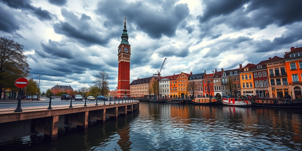 Capture a vibrant landscape of a canal scene with a historic clock tower, under a dramatic sky filled with clouds, using a DSLR camera with a 24mm lens, aperture f/8, ISO 100, 1/200 sec shutter speed, shot from a low angle perspective to emphasize reflections in the water and enhance colors.
