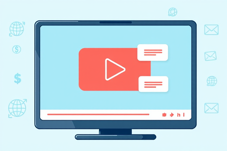 create a digital illustration of a computer screen displaying a video play button with chat bubbles, in a light blue background with icons like globe, dollar sign, and email, use a high-resolution setting, 50mm lens, f/8 aperture, and soft lighting for clarity and detail.