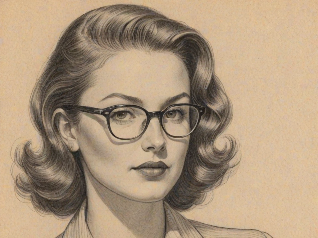 Magnificent Martha MacIsaac, pencil sketch, portrait of Enticing woman 1946s in glasses, hair style beatnik, outline, clear lines, fine lines, 8k