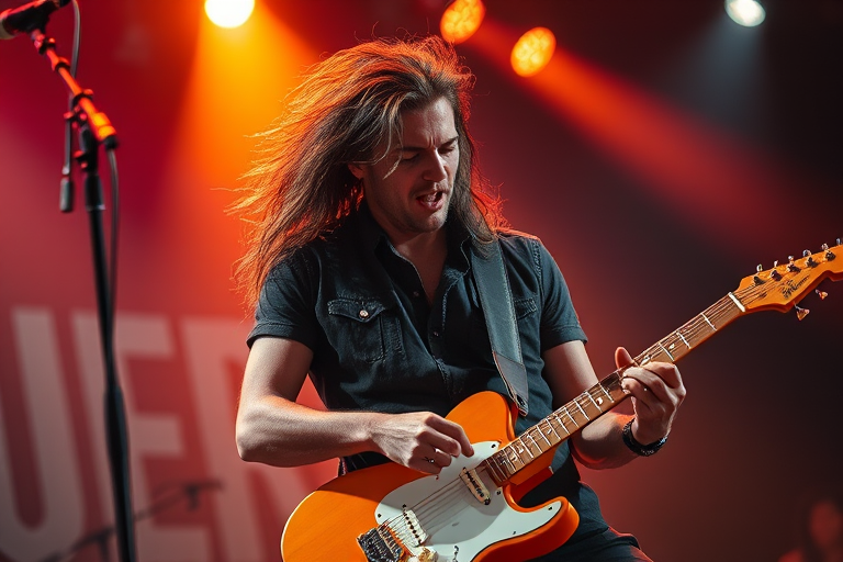 Create a hyper-realistic painting of a rock guitarist passionately playing an electric guitar on stage, with dynamic lighting that highlights the musician's expressions and attire, in a close-up perspective, captured as if with a Canon EOS R5, 50mm lens, f/1.8 aperture, ISO 100, using dramatic, stage-focused lighting to enhance the depth and vibrancy of colors.
