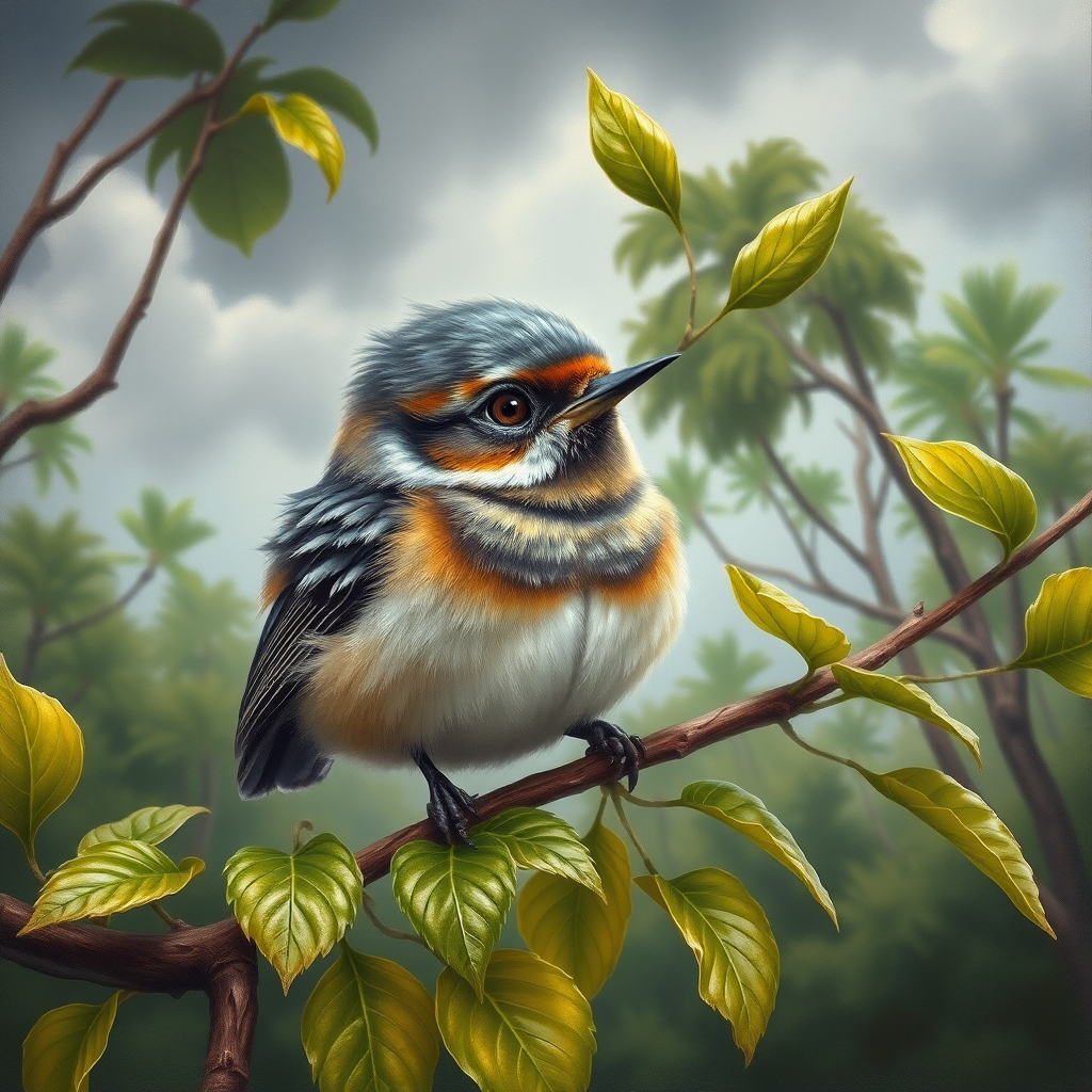 airbrushed oil painting,  a cute little bird, sitting on a branch with lush leaves, startled eyes, his feathers ruffled and blown up, leaves in the air, background bending trees in a forest, storm clouds