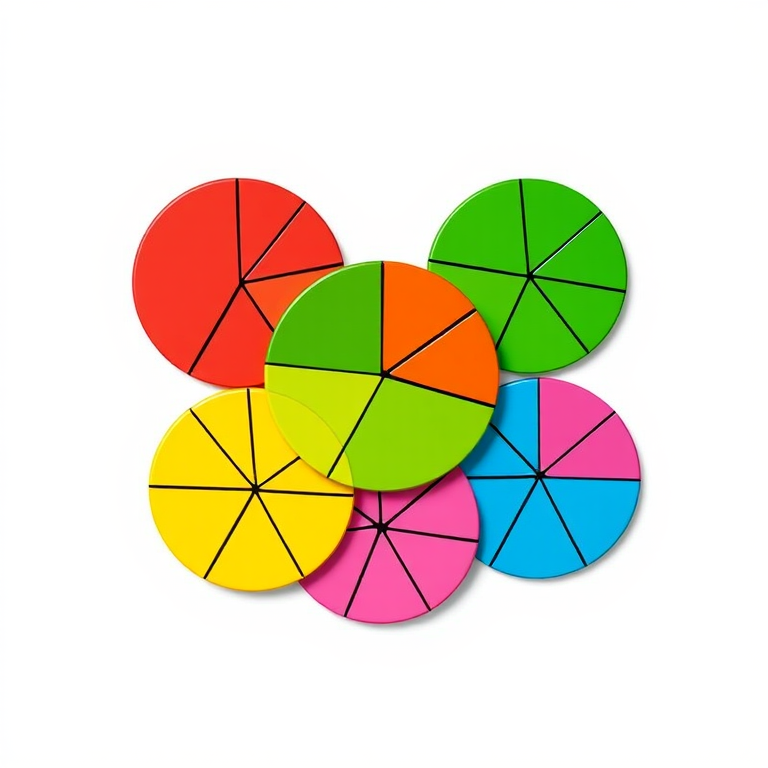 Generate a high-resolution image of five overlapping circular pie charts in red, green, yellow, pink, and blue, showcasing distinct segments with black outlines, using a DSLR camera with a 50mm lens, aperture set to f/2.8, ISO 100, in a well-lit studio setting for sharp detail and vibrant colors.