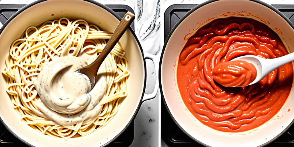 mixing alfredo sauce with tomato sauce