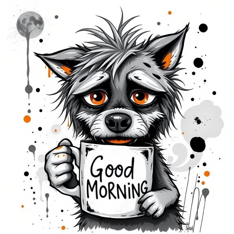 A quirky, artistic illustration of a disheveled cirneco delletna with exaggerated, large eyes and spiky fur, holding a coffee mug that reads "Good Morning". The dog has a tired but humorous expression, with ink splatters and abstract details surrounding it, giving a whimsical feel to the image. The color palette is mostly monochrome with hints of orange in the eyes and steam rising from the mug, enhancing the overall sleepy vibe