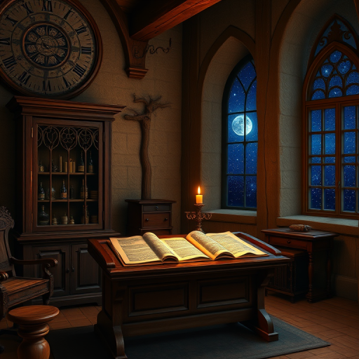 Create a high-resolution image of a medieval study room featuring a wooden lectern with parchment scrolls, a glass cabinet filled with potions, a candle flickering on the lectern, and a large window with a view of the night sky, captured with a DSLR camera at f/2.8, ISO 100, 1/60 sec, wide-angle lens, to enhance the details and ambiance.
