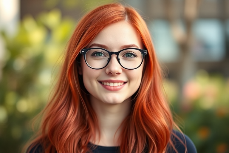 portrait of a young woman with vibrant red hair and glasses, soft focus background, natural light, f/1.8 aperture, 50mm lens, shallow depth of field, shot on a digital mirrorless camera