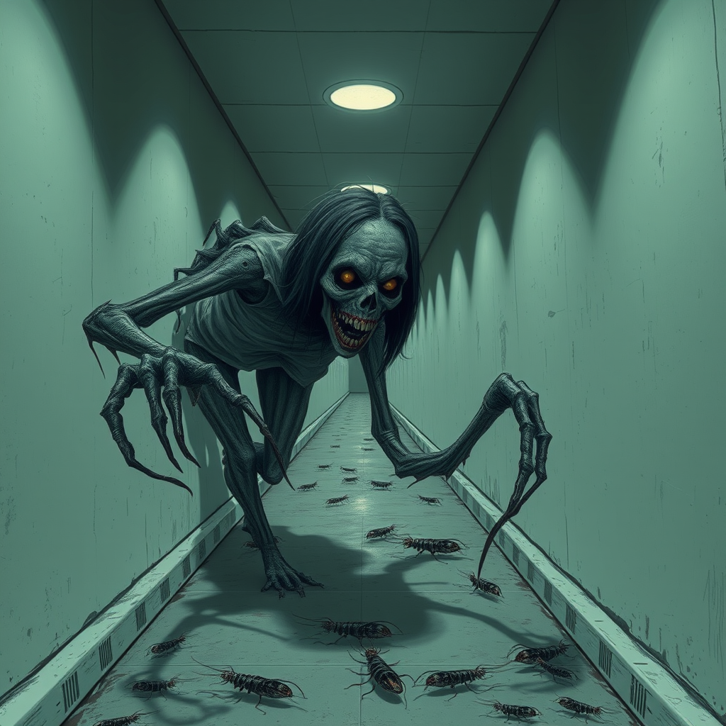 a crooked female with long arms and a creepy smile is crawling along a long white corridor and you can also see cockroaches in it there is a creepy atmosphere creepy art style
