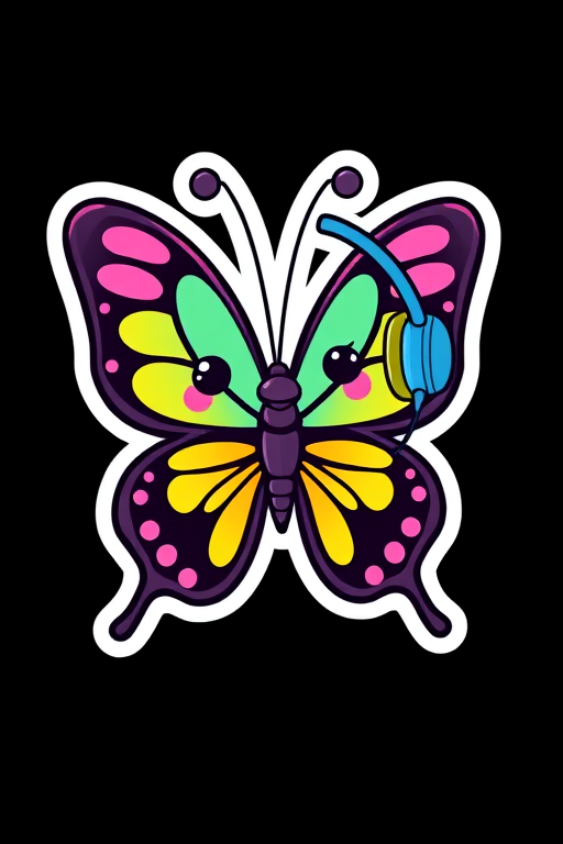 create sticker, Happy Colorful Butterfly wearing Headphones, kawaii, contour, vector, black background