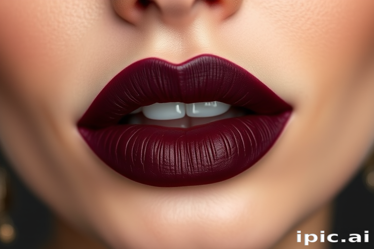 Matte deep burgundy lips with a velvet texture, called "Midnight Merlot," boasting long-lasting wear and a rich, wine-inspired hue for sophisticated elegance