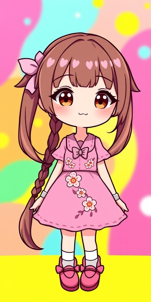 Generate a cute character design of a girl with long brown hair in pigtails, wearing a pink dress with flower elements and matching gloves, set against a bright, colorful background; camera settings: f/2.8 aperture, 1/60s shutter speed, ISO 100; camera view: full-body shot; camera style: vibrant and playful; camera type: digital illustration.