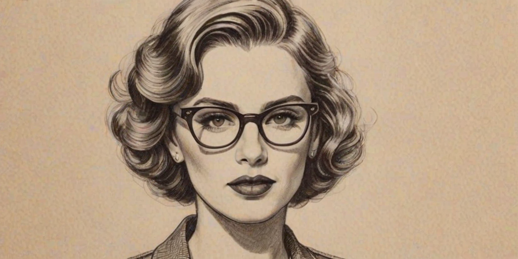 Captivating Maroon 5, pencil sketch, portrait of Magnificent woman 1938s in glasses, hair style beatnik, outline, clear lines, fine lines, 8k
