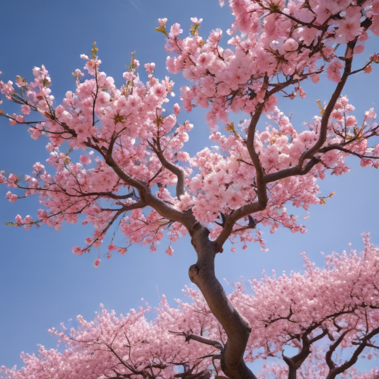Beautiful Cherry Blossom Trees in Full Bloom Under a Clear Blue Sky