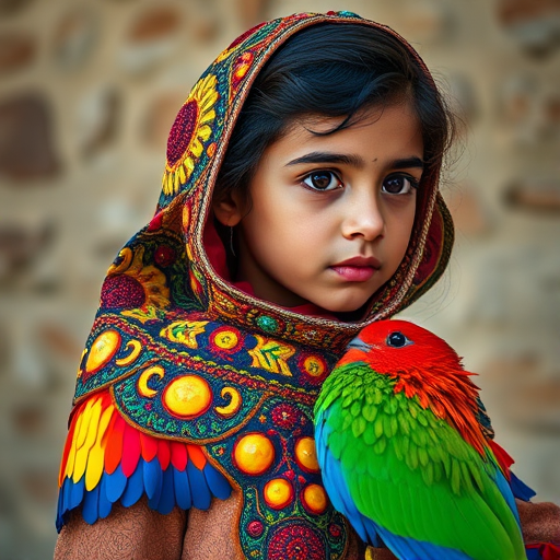 A beautiful Coptic girl, wearing colorful bird clothing with vibrant colors