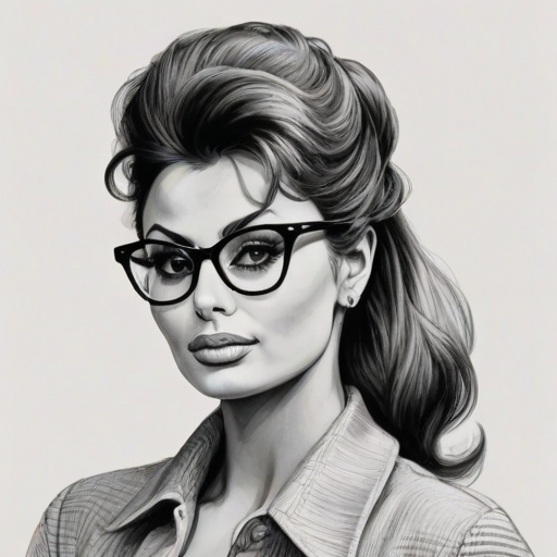 Beautiful Sophia Loren, pencil sketch, portrait of beautiful woman 60s in glasses, hair style beatnik, outline, clear lines, fine lines, 8k