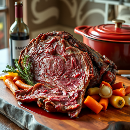 Soft, diffused natural light from a large window on the left, with a white reflector on the right for fill. 45-degree angle view, shallow depth of field focusing on the succulent meat. A tender beef roast, marinated and slow-cooked in Barolo wine, presented on a rustic wooden board. The meat is falling apart, glistening with a rich, deep red wine reduction sauce. Surrounding the roast, a colorful mirepoix of carrots, onions, and celery, their edges caramelized and infused with the wine's flavor. A small bunch of fresh rosemary and thyme as garnish. In the background, a half-filled glass of Barolo wine and a Le Creuset Dutch oven, hinting at the cooking method. 8K resolution, photorealistic rendering with intricate textures of the meat fibers and vegetable pieces.