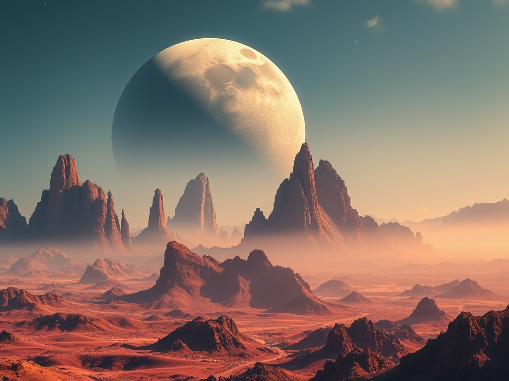 Generate a high-quality image of a surreal alien landscape featuring towering mountains and a large planet in the sky, with dramatic lighting and vibrant colors, using a DSLR camera with a 24mm lens, f/8 aperture, ISO 200, and a panoramic view to capture the extensive scenery.