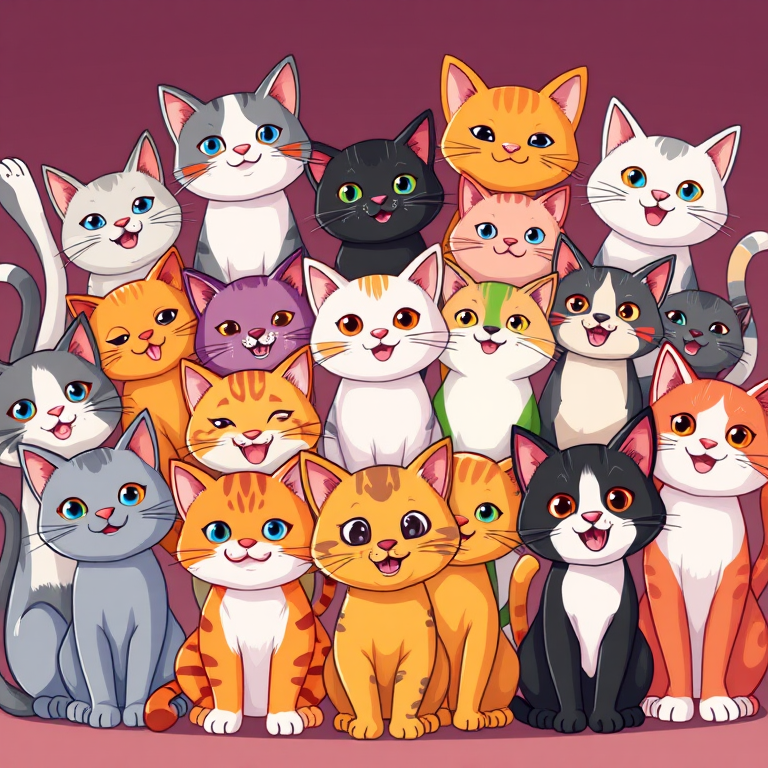 Create a vibrant and colorful digital illustration of a diverse group of cartoon cats in various poses and expressions, captured from a frontal view with a wide-angle lens at f/5.6, ISO 100, and a resolution of 300 DPI to enhance the image quality.