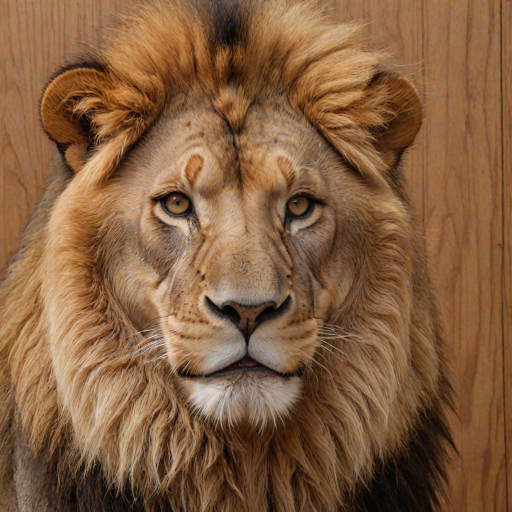 photorealism. a lion, sitting, doing duck face with its lips. plain wood panel bg