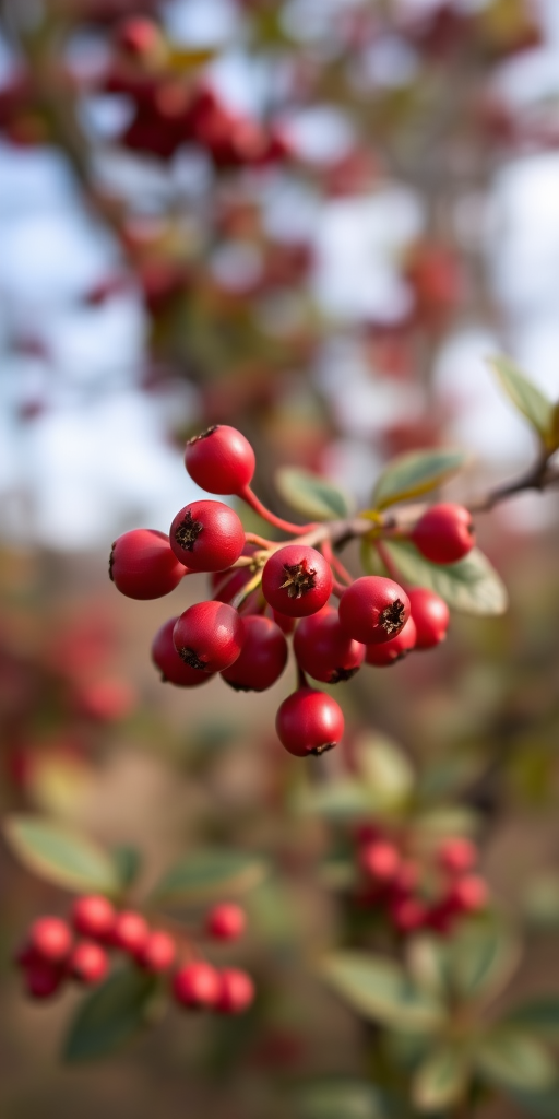 Capture a close-up of red berries on a bush with a blurred background, using a DSLR camera, 50mm lens, f/2.8 aperture, ISO 200, 1/100 sec shutter speed, natural lighting.