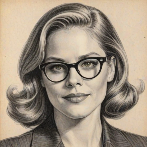 Dazzling Mary McCormack, pencil sketch, portrait of Magnificent woman 1946s in glasses, hair style beatnik, outline, clear lines, fine lines, 8k