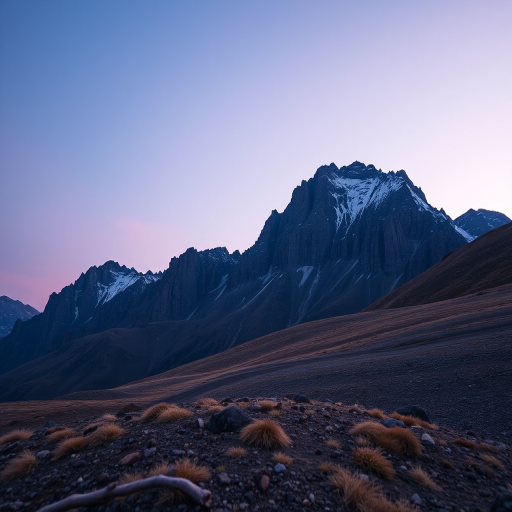 Generate a high-quality image of a minimalist mountain landscape at twilight with soft gradient colors in the sky, using a Canon EOS R camera, 35mm lens, f/2.8 aperture, ISO 100, and a low-angle perspective.