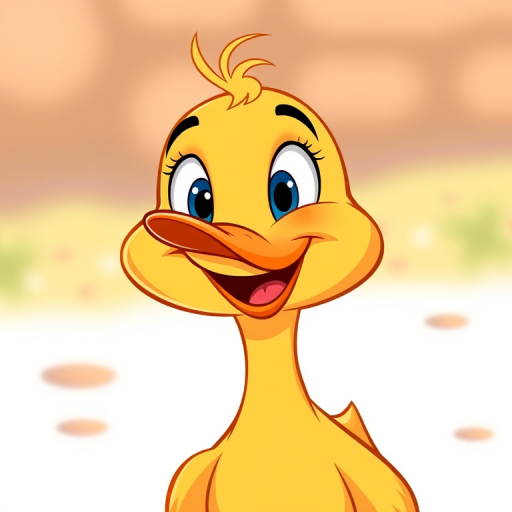 Generate a cartoon image of a happy, smiling yellow duckling with exaggerated features and a playful expression, using a DSLR camera with a 50mm lens, f/2.8 aperture, ISO 200, and a vibrant color profile for enhanced image quality.