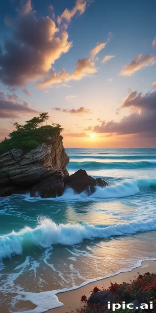 Serene Sunset Over Ocean Waves and Rocky Shoreline with Lush Greenery